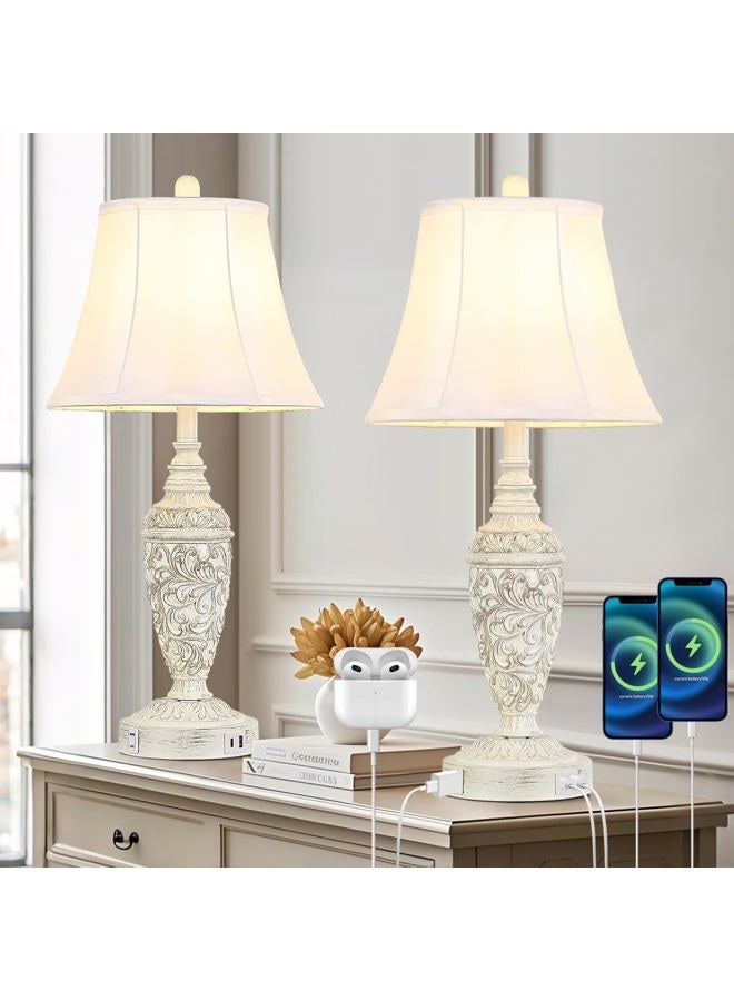 Sheetea 2-Pack 26.8'' Vintage Table Lamps with Dual USB Charging Ports & AC Outlet, Traditional White Bedside Lamps Set of 2 with Carved Resin Base and Faux Silk Shade for Bedroom, Living Room, Office - Image 1