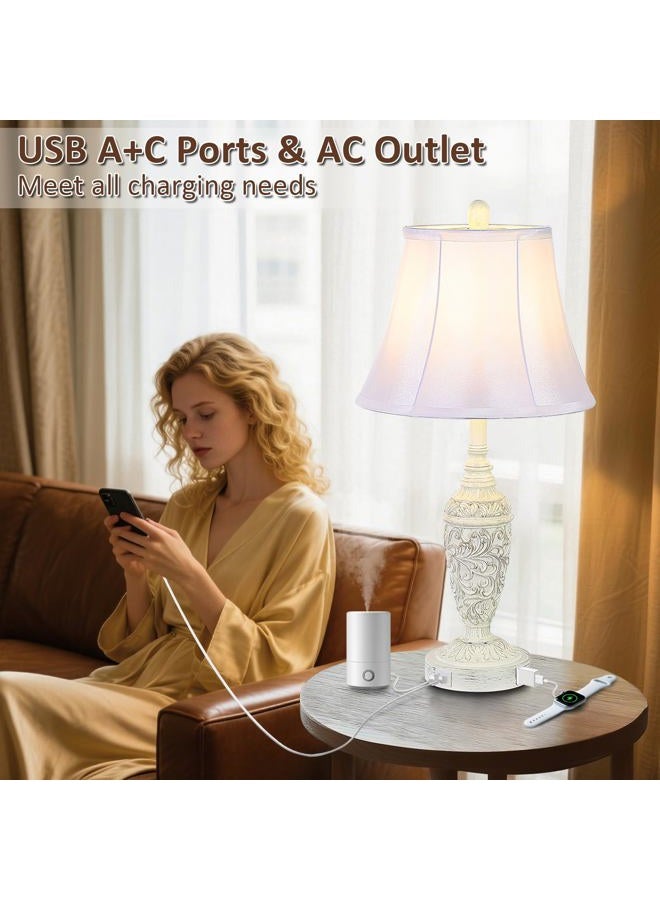Sheetea 2-Pack 26.8'' Vintage Table Lamps with Dual USB Charging Ports & AC Outlet, Traditional White Bedside Lamps Set of 2 with Carved Resin Base and Faux Silk Shade for Bedroom, Living Room, Office - Image 2