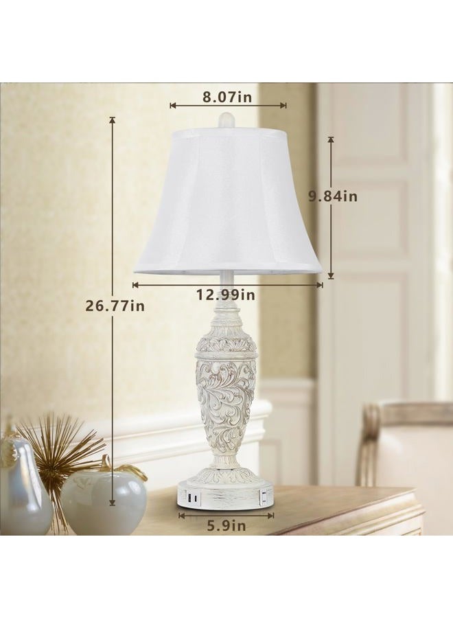Sheetea 2-Pack 26.8'' Vintage Table Lamps with Dual USB Charging Ports & AC Outlet, Traditional White Bedside Lamps Set of 2 with Carved Resin Base and Faux Silk Shade for Bedroom, Living Room, Office - Image 4