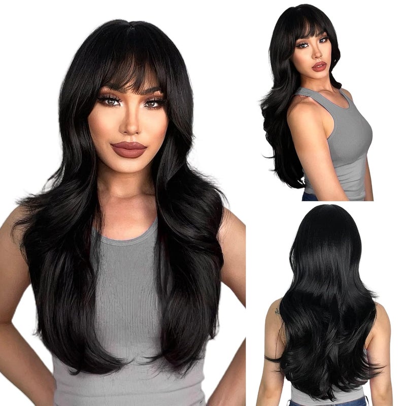 N NAYASA Long Black Wigs with Bangs Layered Wigs for Women Synthetic Heat Resistant Wig Natural Looking Realistic Wigs for Daily Party Use 24 inch