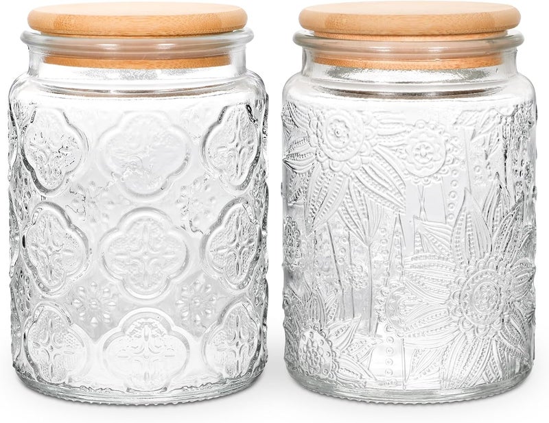 BEWAVE Vintage Glass Jar, 700ml Food Storage Containers Clear Mason Jars With Airtight Lid for Kitchen Counter,Coffee, Tea, Sugar, Candy, 2 Pack - Image 1