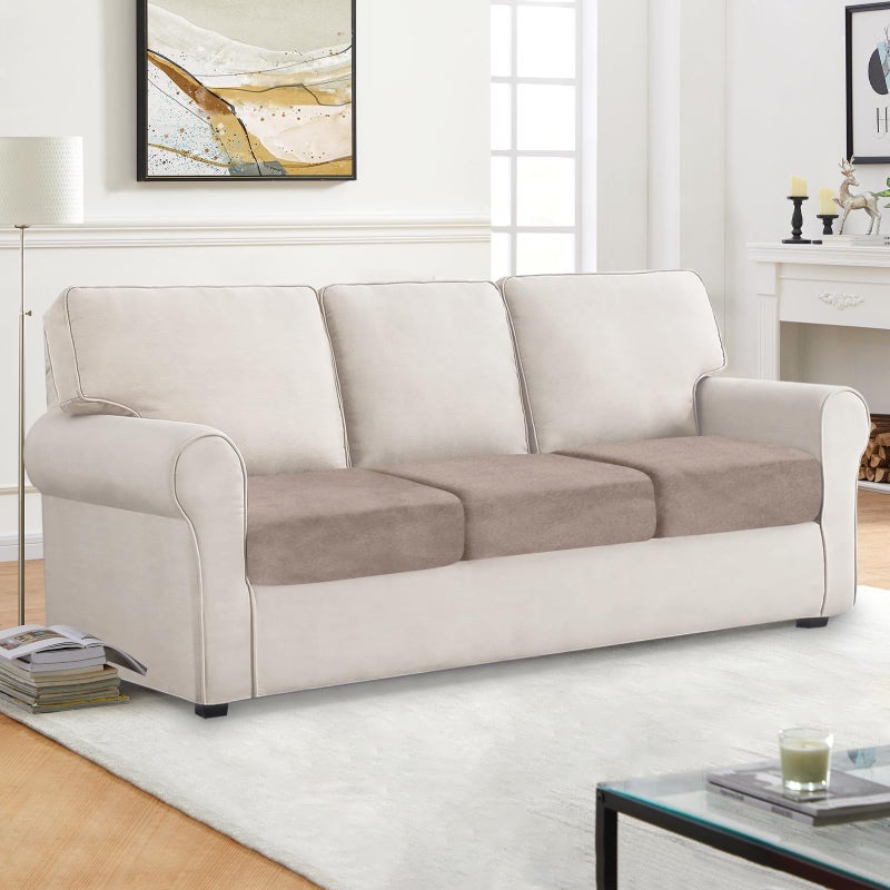 BT.WA Couch Cushion Cover Velvet 3 Pieces Seat Cushion Cover Stretch Sofa Covers Separate Sectional Sofa Slipcovers Furniture Protector (3-Seater or Backrest  Tan) - Image 2