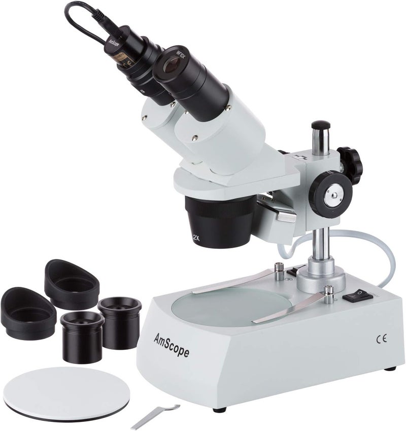 AmScope AmScope SE306RAZE2 Digital ForwardMounted Binocular Stereo Microscope WF10x and WF20x Eyepieces 20X40X80X Magnification 2X and 4X Objectives Upper and Lower Halogen Lighting Reversible BlackWhite Stage Plate Arm Stand 120V Includes 2MP Camera and Software  - Image 1