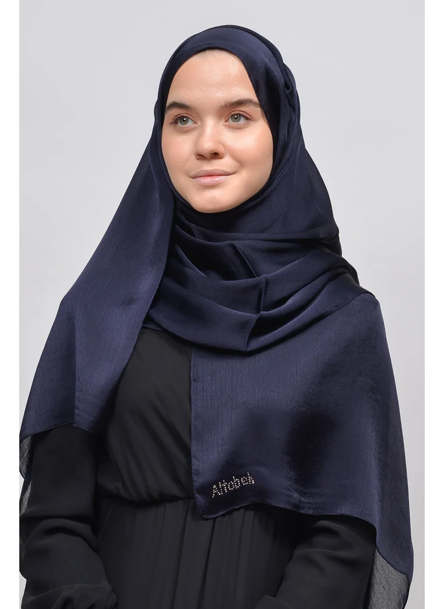 Altobeh Janjan Shiny Satin Textured Hijab Evening Dress Chiffon Shawl-Navy Blue