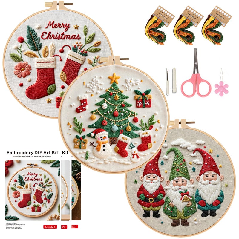 COCOMOX Christmas Embroidery Kit for Beginners, 3 Set Cross Stitch Kits for Adults Santa Claus Christmas Tree Patterns Handmade DIY Gift - Image 1