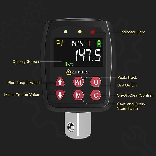 ANPUDS 1/2" Digital Torque Adapter, 7.4-147.5 Ft-lb/10-200 Nm, Digital Torque Wrench Converter with ±1% Accuracy, Preset Value, Data Storage, Buzzer & LED Indicators, 3/8'' & 1/4'' Adapters for Car - Image 2