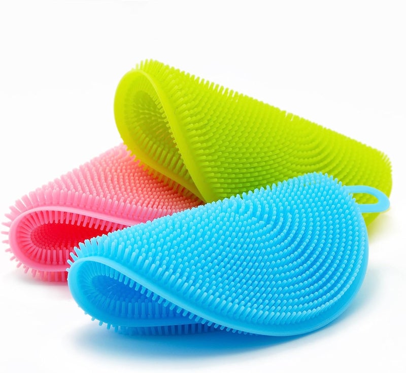 POPLEY Silicone Sponge (3 Pack) - Food Grade Reusable Sponges for Dishes - Dishwasher Safe, Heat Resistant and BPA Free - Double Sided Silicon Brush - Dish Scrubber (Multicolor) - Image 1