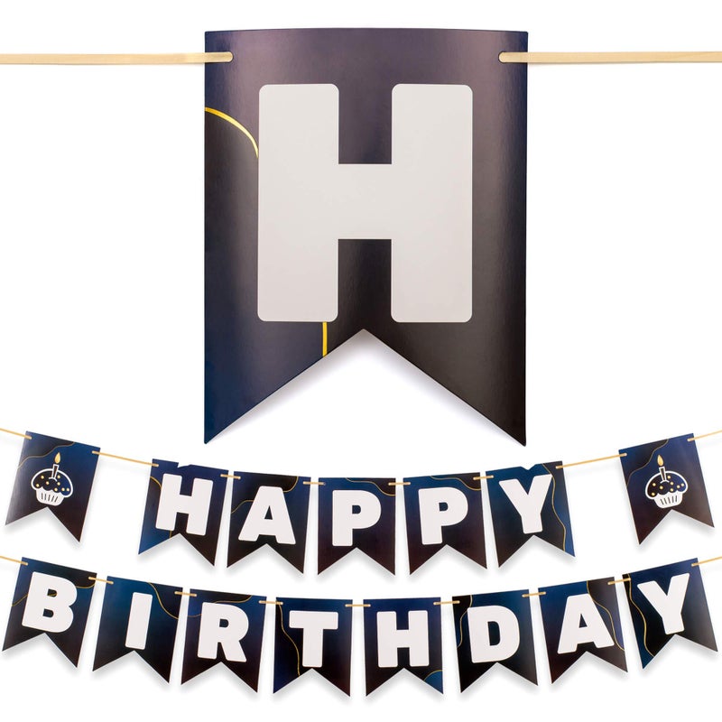 CORRURE Happy Birthday Banner PreStrung Blue Banners with Gold Foil Large Party Flag Banner for Women Men Girls or Boys Fun Quality Birthday Decorations Supplies No Assembly Required