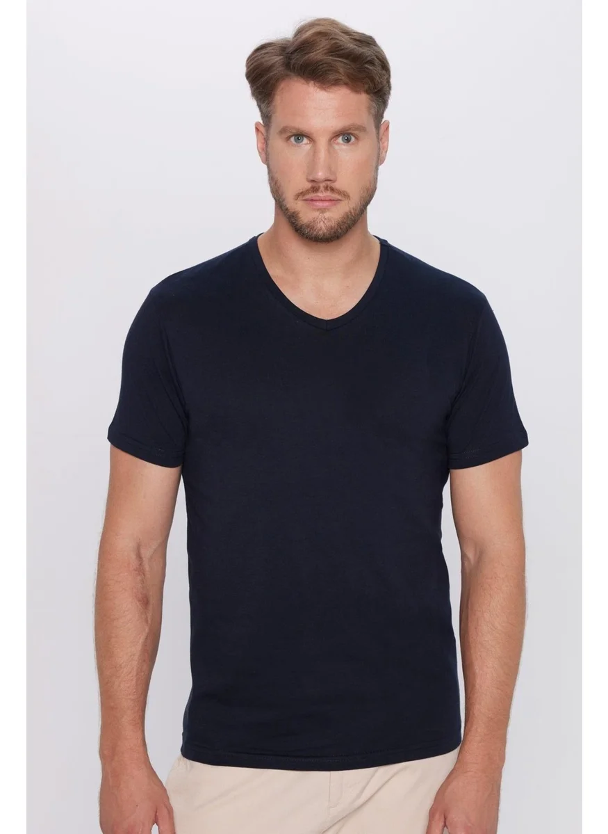 Tudors Men's Slim Fit Slim Cut 100% Cotton Soft Texture Navy Blue V Neck T-Shirt