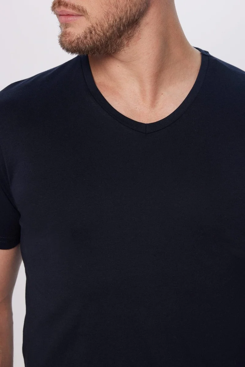 Tudors Men's Slim Fit Slim Cut 100% Cotton Soft Texture Navy Blue V Neck T-Shirt