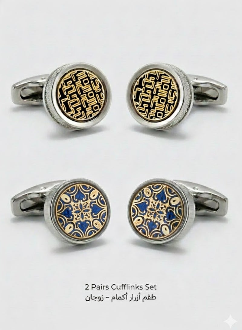 FIORICASA Men’s Vintage Pattern Round Cufflinks – Silver Finish with Blue & Gold Glossy Design - Image 1