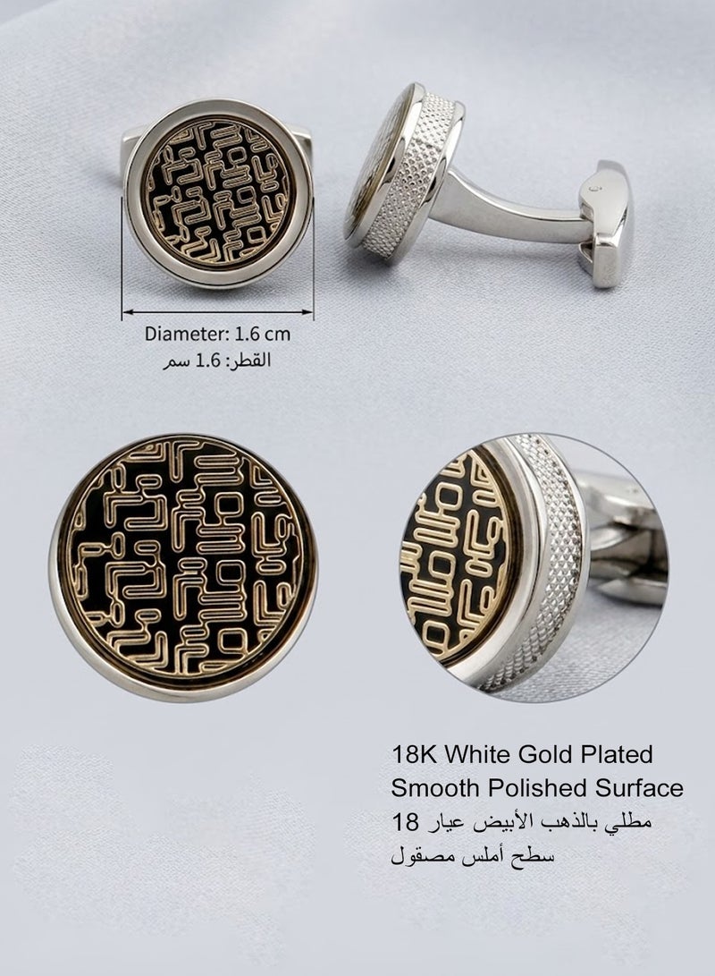 FIORICASA Men’s Vintage Pattern Round Cufflinks – Silver Finish with Blue & Gold Glossy Design - Image 2