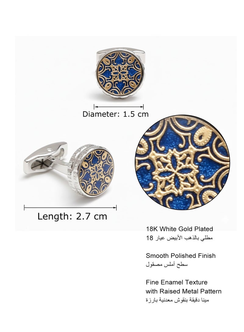 FIORICASA Men’s Vintage Pattern Round Cufflinks – Silver Finish with Blue & Gold Glossy Design - Image 3