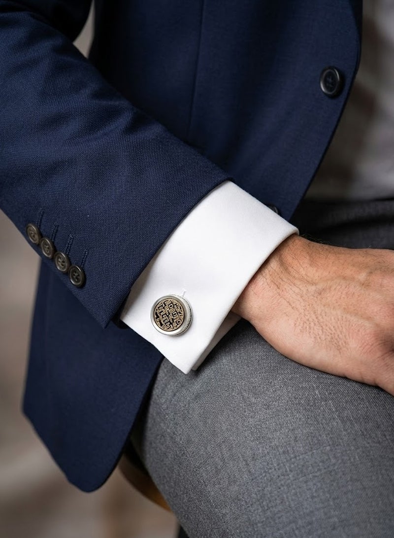 FIORICASA Men’s Vintage Pattern Round Cufflinks – Silver Finish with Blue & Gold Glossy Design - Image 4