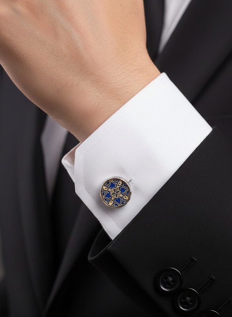 FIORICASA Men’s Vintage Pattern Round Cufflinks – Silver Finish with Blue & Gold Glossy Design - Image 5