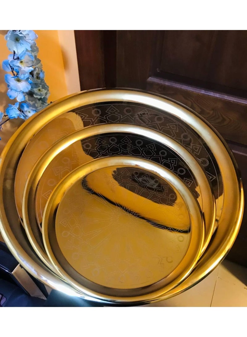 Gold-plated metal serving trays with a "Welcome Ramadan" design, 3 pieces in varying sizes, decorated with artistic patterns, perfect for hospitality, gatherings, and special occasions. - Image 2