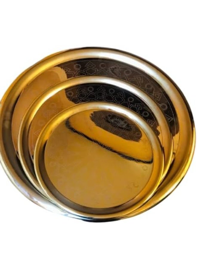 Gold-plated metal serving trays with a "Welcome Ramadan" design, 3 pieces in varying sizes, decorated with artistic patterns, perfect for hospitality, gatherings, and special occasions. - Image 1