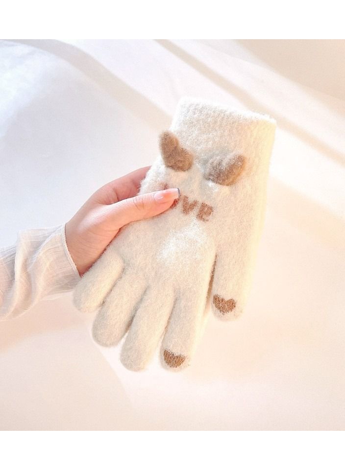 Golovejoy Women's Warm Winter Plush Thick Windproof Cartoon Cute Student Wool Gloves 