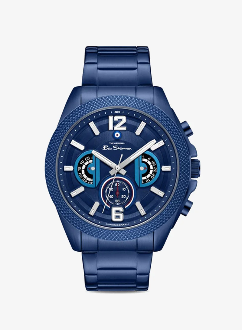 بين شيرمان Sheffield Blue Dial Blue Stainless Steel Bracelet Chronograph Watch for Men, 44mm