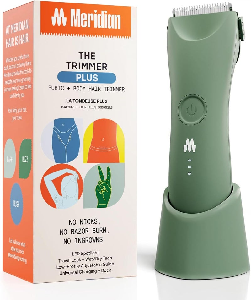 MERIDIAN Trimmer Plus Body Hair Manscaping Trimmer Adjustable Guard USB C Charging Flash Light Travel Lock Charging Dock Bikini Trimmer Mens Body Hair Trimmer  Sage