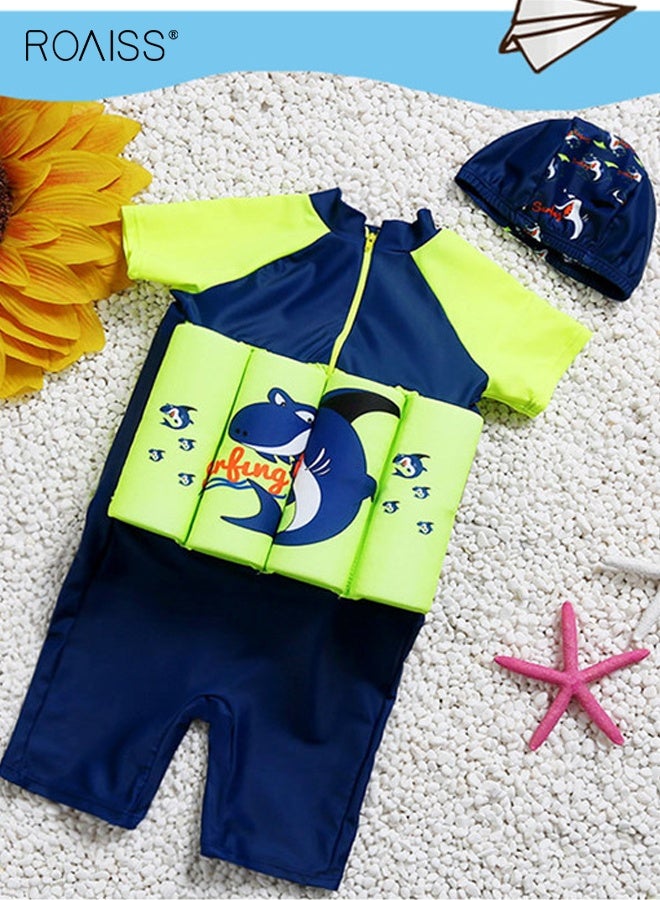 roaiss Boys' Zipper One Piece Swimsuit with Cap, Short Sleeve Floatsuit with Adjustable Buoyancy, Summer Floatation Bathing Suit, Beach Rash Guard Swimwear for Toddler Boys  - Image 2