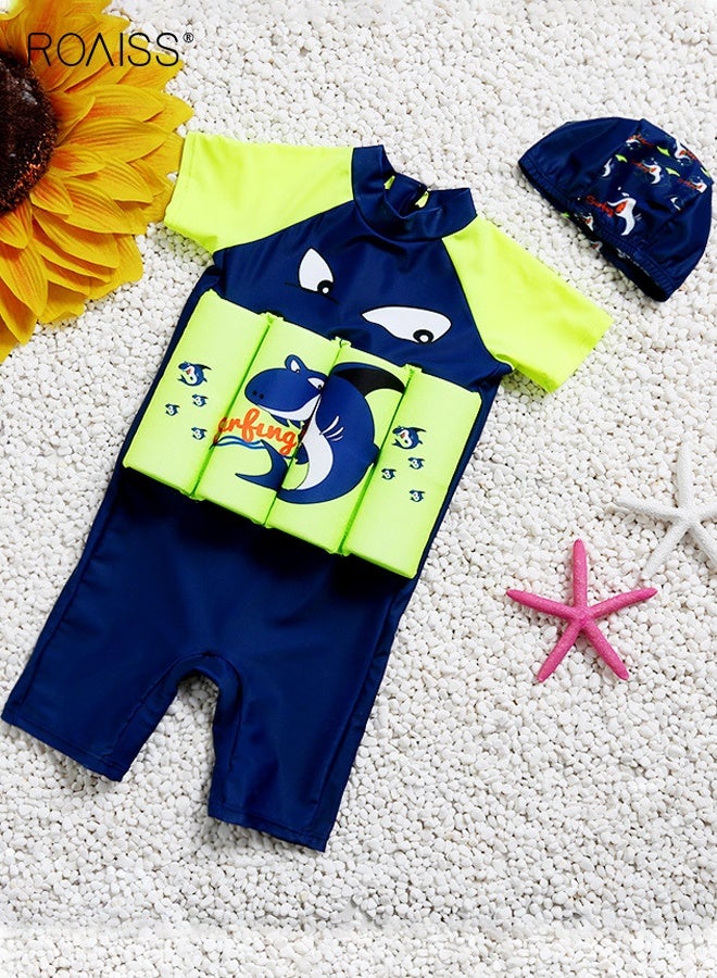 roaiss Boys' Zipper One Piece Swimsuit with Cap, Short Sleeve Floatsuit with Adjustable Buoyancy, Summer Floatation Bathing Suit, Beach Rash Guard Swimwear for Toddler Boys  - Image 1