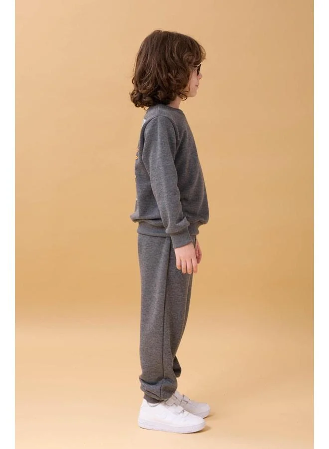 Perendi Boys Embroidered Print Detailed Seasonal Twin Set - Anthracite.