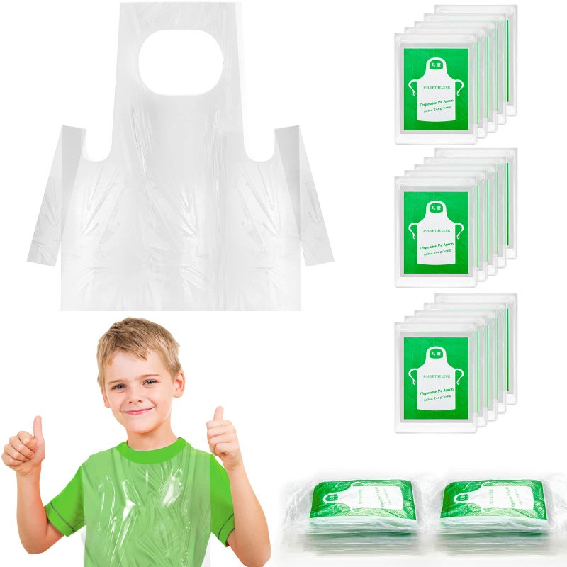 Bazen 100 Pieces Disposable Aprons for Kids Plastic Smocks Clear kids Apron for Toddler Waterproof Oil Proof Art Children Apron for Painting Cooking Eating Teaching Picnic DIY Craft - Image 2