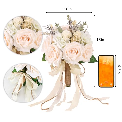 CEWOR Wedding Bouquets for Bride Bridesmaid White Champagne Artificial Roses Flowers Wedding Decoration 10in - Image 3