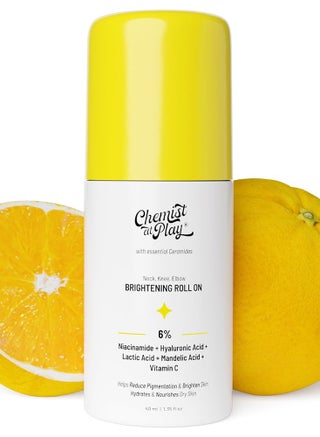 Brightening & Whitening Roll On Serum For Neck, Knee & Elbow With 6% Vitamin C+ Hyaluronic Acid + AHAs + Niacinamide + Ceramides | Removes Pigmentation & Hydrates Dry Skin | 40ml