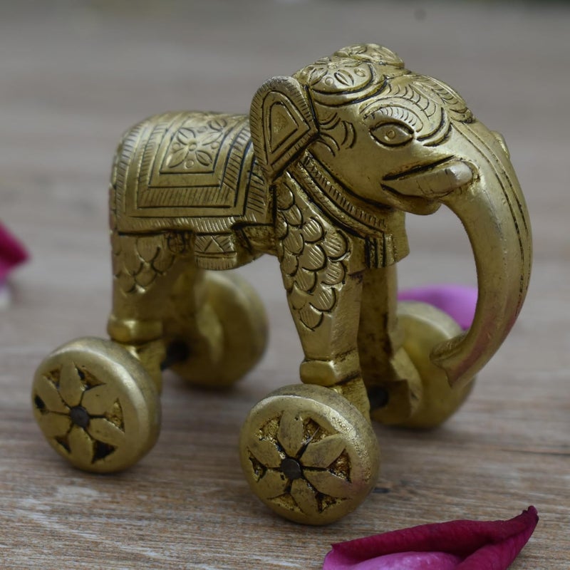 Vintage Gulley Vintage Gulley Decorative Brass Elephant on Wheels Traditional Indian Art Piece Brass Animal Home Decor for Vaastu Feng Shui Antique Gold Finish 3 - Image 4
