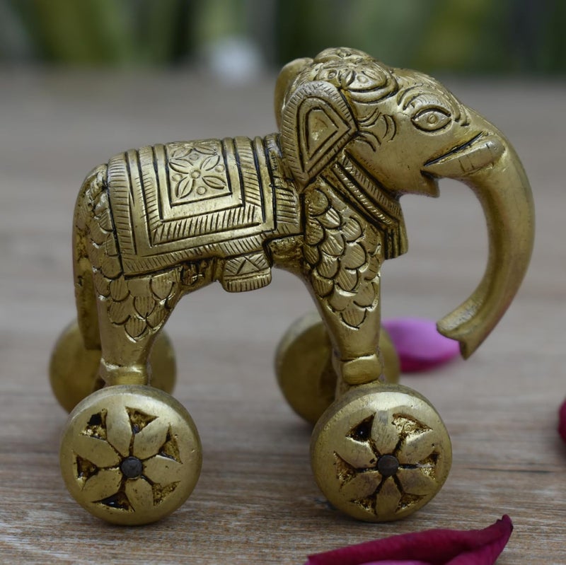 Vintage Gulley Vintage Gulley Decorative Brass Elephant on Wheels Traditional Indian Art Piece Brass Animal Home Decor for Vaastu Feng Shui Antique Gold Finish 3 - Image 5