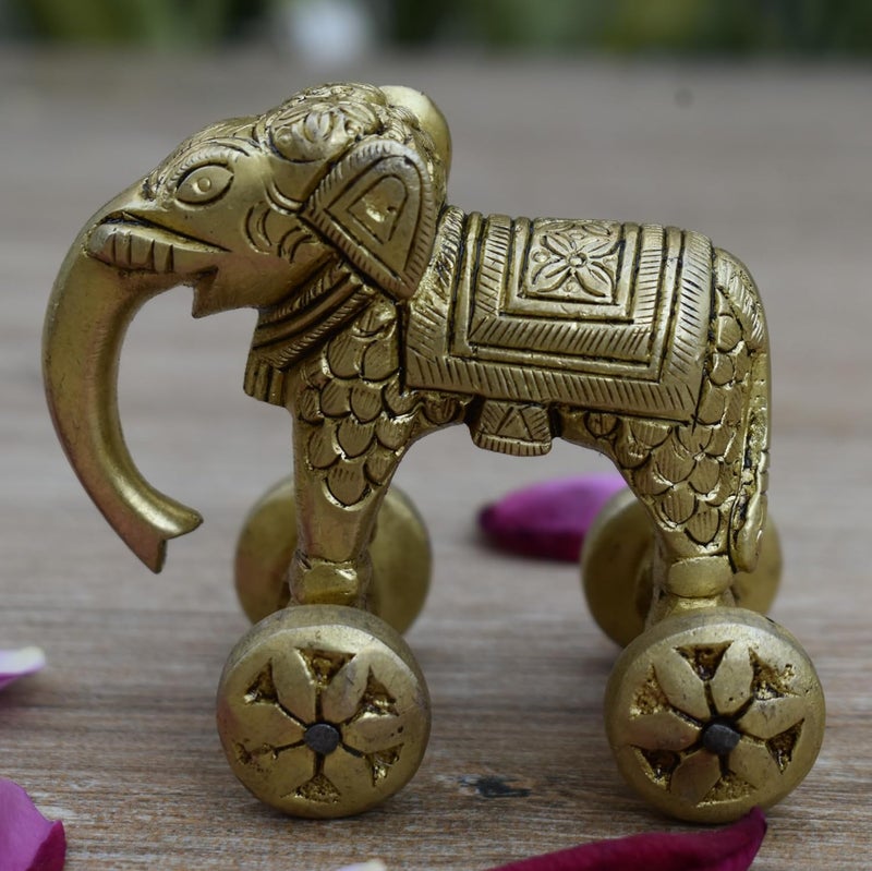 Vintage Gulley Vintage Gulley Decorative Brass Elephant on Wheels Traditional Indian Art Piece Brass Animal Home Decor for Vaastu Feng Shui Antique Gold Finish 3 - Image 1