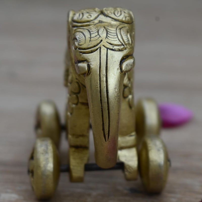 Vintage Gulley Vintage Gulley Decorative Brass Elephant on Wheels Traditional Indian Art Piece Brass Animal Home Decor for Vaastu Feng Shui Antique Gold Finish 3 - Image 3