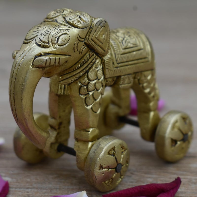 Vintage Gulley Vintage Gulley Decorative Brass Elephant on Wheels Traditional Indian Art Piece Brass Animal Home Decor for Vaastu Feng Shui Antique Gold Finish 3 - Image 2