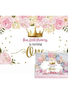 Eainb 7X5Ft Our Little Princess Is Turning One Backdrop For Girls Pink Watercolor Floral Birthday Party Background Golden Dots Girl Baby Shower Happy 1St Birthday Party Cake Table Decor Banner Props  - Image 1