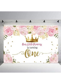 Eainb 7X5Ft Our Little Princess Is Turning One Backdrop For Girls Pink Watercolor Floral Birthday Party Background Golden Dots Girl Baby Shower Happy 1St Birthday Party Cake Table Decor Banner Props  - Image 4