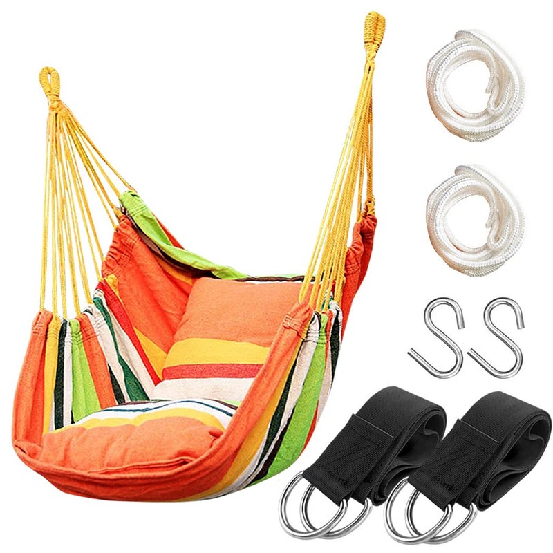 Hammock Chair Hanging Rope Swing Seat for Indoor Outdoor Sturdy Cotton Weave Hammock Swing Max 300Lbs Hanging Hammock Chair for Bedroom Patio Porch Pole and Pillows NOT Included Orange