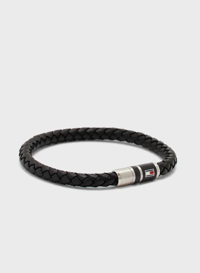 TOMMY HILFIGER Mens Braided Leather Bracelet Black - 2790293