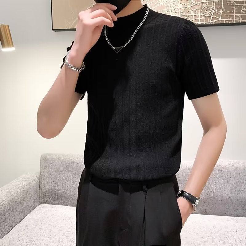Fashion Slim-Fit All-Match Pullover Men'S 2023 New Round Neck Ice Silk Short-Sleeved T-Shirt Summer Casual Youth Knitwear - Image 2