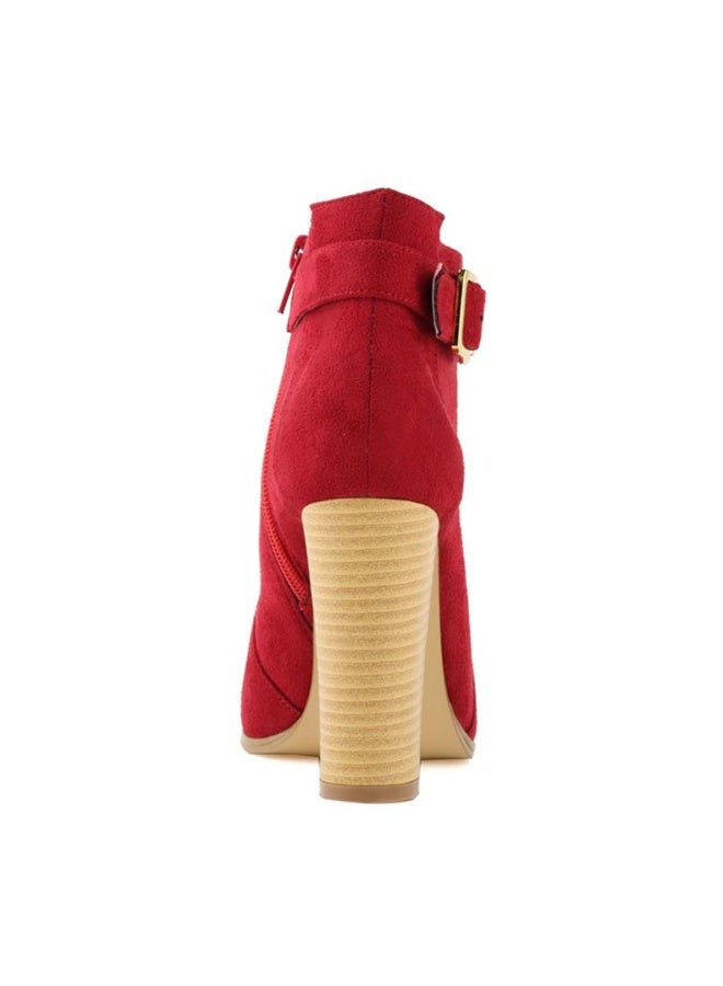 Loquat Autumn/Winter Goose Down Fabric Mid-Shaft Block Heel Combat Boots 11cm Red  - Image 1
