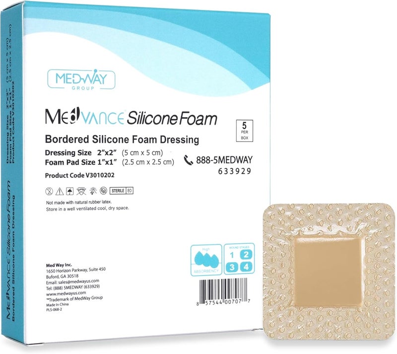 MedVanceTM Silicone - Bordered Silicone Adhesive Foam Dressing Size 2"x2" (1"x1" Pad), Box of 5 dressings