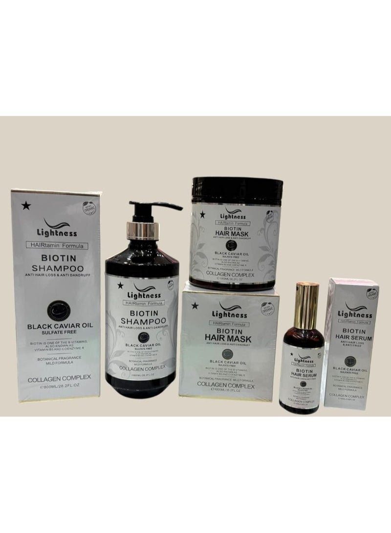 ليجيتنيس مجموعة العناية بالشعر بالبيوتين الخفيف مع زيت الكافيار الأسود ومركب الكولاجين، مجموعة من 3 قطع - شامبو 800 مل، قناع شعر 1000 مل، سيروم شعر 100 مل - Image 1