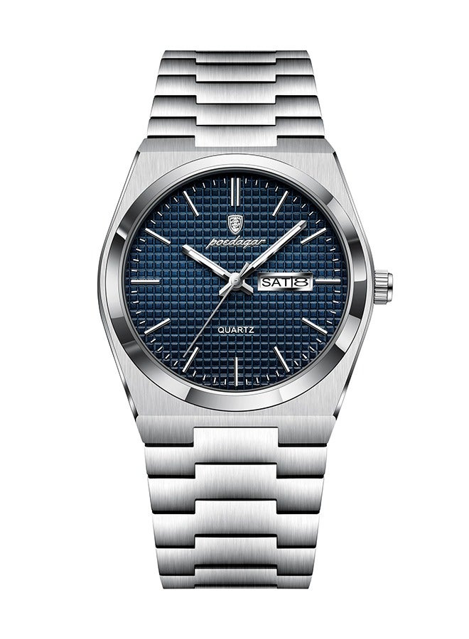 POEDAGAR POEDAGAR Men's Silver-Tone Blue Dial Stainless Steel Watch - Slim Profile Case with Date Function, Durable Steel Bracelet, 30m Water Resistant, Suitable for Business & Casual Wear  - Image 1