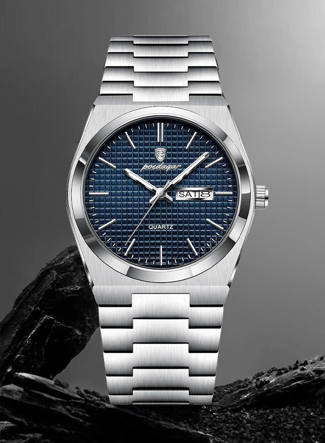 POEDAGAR POEDAGAR Men's Silver-Tone Blue Dial Stainless Steel Watch - Slim Profile Case with Date Function, Durable Steel Bracelet, 30m Water Resistant, Suitable for Business & Casual Wear  - Image 2