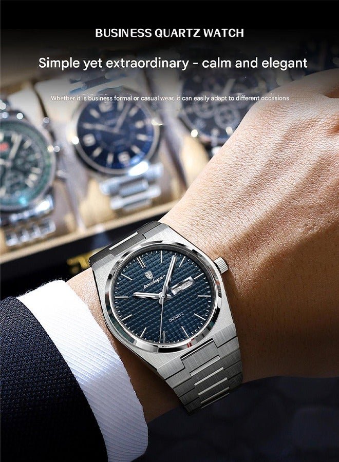 POEDAGAR POEDAGAR Men's Silver-Tone Blue Dial Stainless Steel Watch - Slim Profile Case with Date Function, Durable Steel Bracelet, 30m Water Resistant, Suitable for Business & Casual Wear  - Image 3