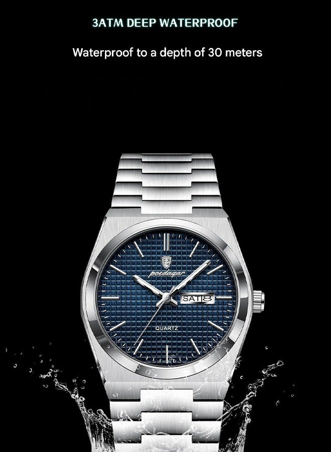 POEDAGAR POEDAGAR Men's Silver-Tone Blue Dial Stainless Steel Watch - Slim Profile Case with Date Function, Durable Steel Bracelet, 30m Water Resistant, Suitable for Business & Casual Wear  - Image 5