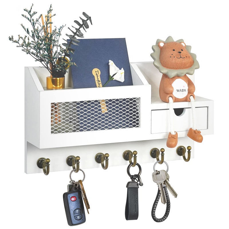 FifthQuarter Key and Mail Holder for Wall, Mail Organizer Wall Mount with 6 Hooks and Storage Drawer, Easy Installation Key Rack for Entryway and Home Decor (B-White) - Image 1