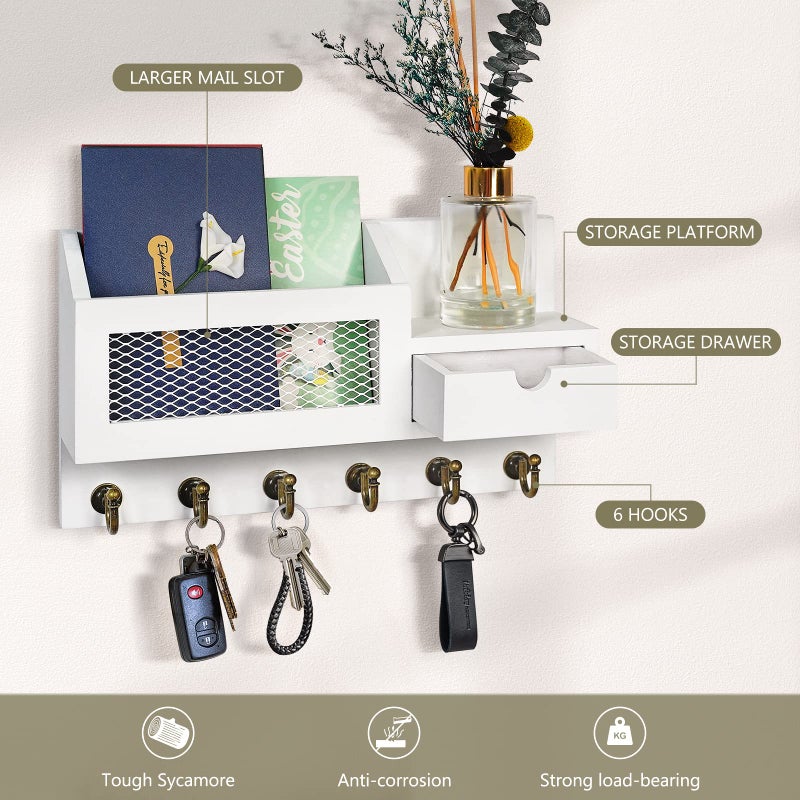 FifthQuarter Key and Mail Holder for Wall, Mail Organizer Wall Mount with 6 Hooks and Storage Drawer, Easy Installation Key Rack for Entryway and Home Decor (B-White) - Image 5