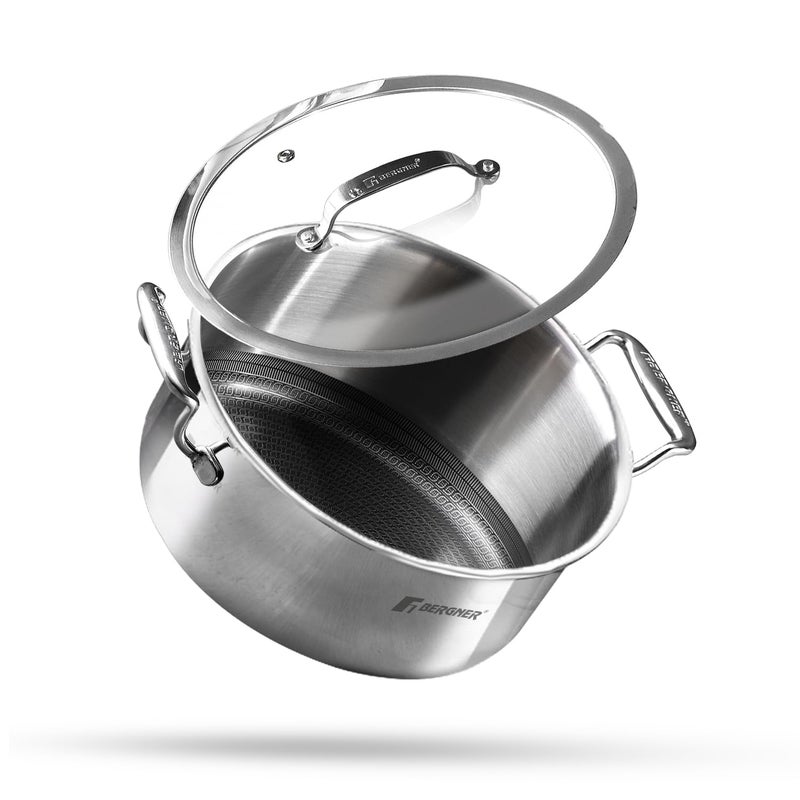 BERGNER طاجن برغنر هاي-تيك ثلاثي الطبقات من الفولاذ المقاوم للصدأ 24 سم (5.3 لتر) مع غطاء زجاجي، طلاء غير لاصق بتصميم خلية النحل من الداخل، طهي صحي، استخدام أقل للزيت، مقبض متين، قبضة ممتازة - قاعدة تحريض - Image 1